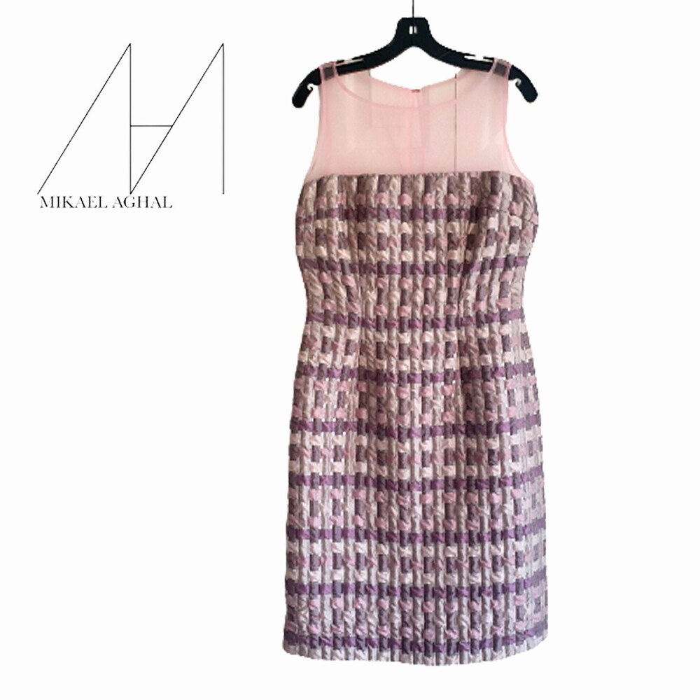 MIKAEL AGHAL NEW Romantic Plaid Sheer Mesh Yoke Fitted Midi Dress 10